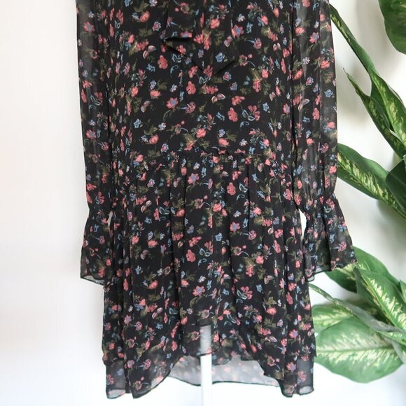 Joie Jamira Black 100% Silk Floral Tie Neck Lined Tiered Ruffle Mini Swing Dress - Picture 10 of 15